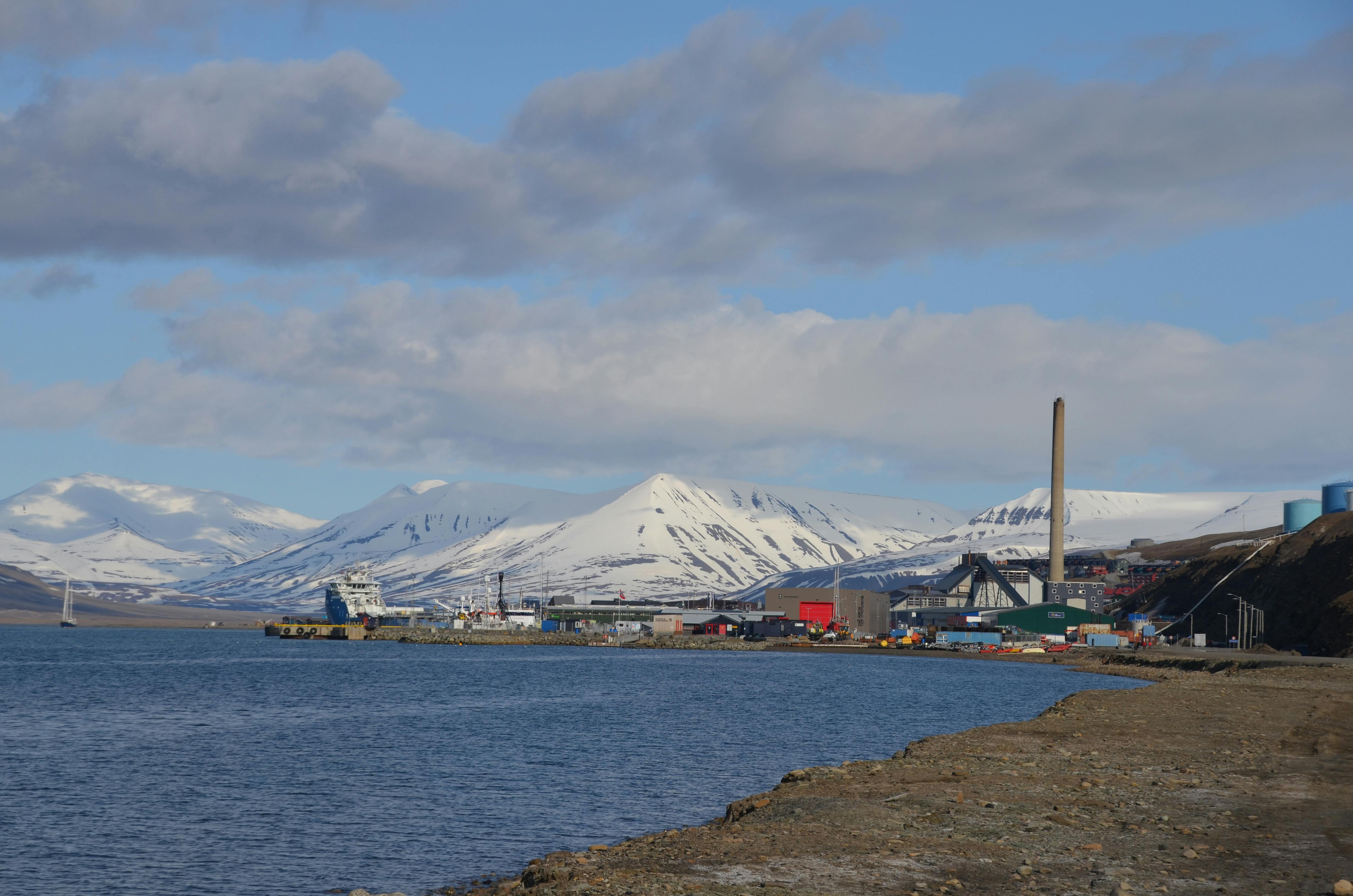 Ort am Fjord, schneebedeckter Berg im Hintergrund