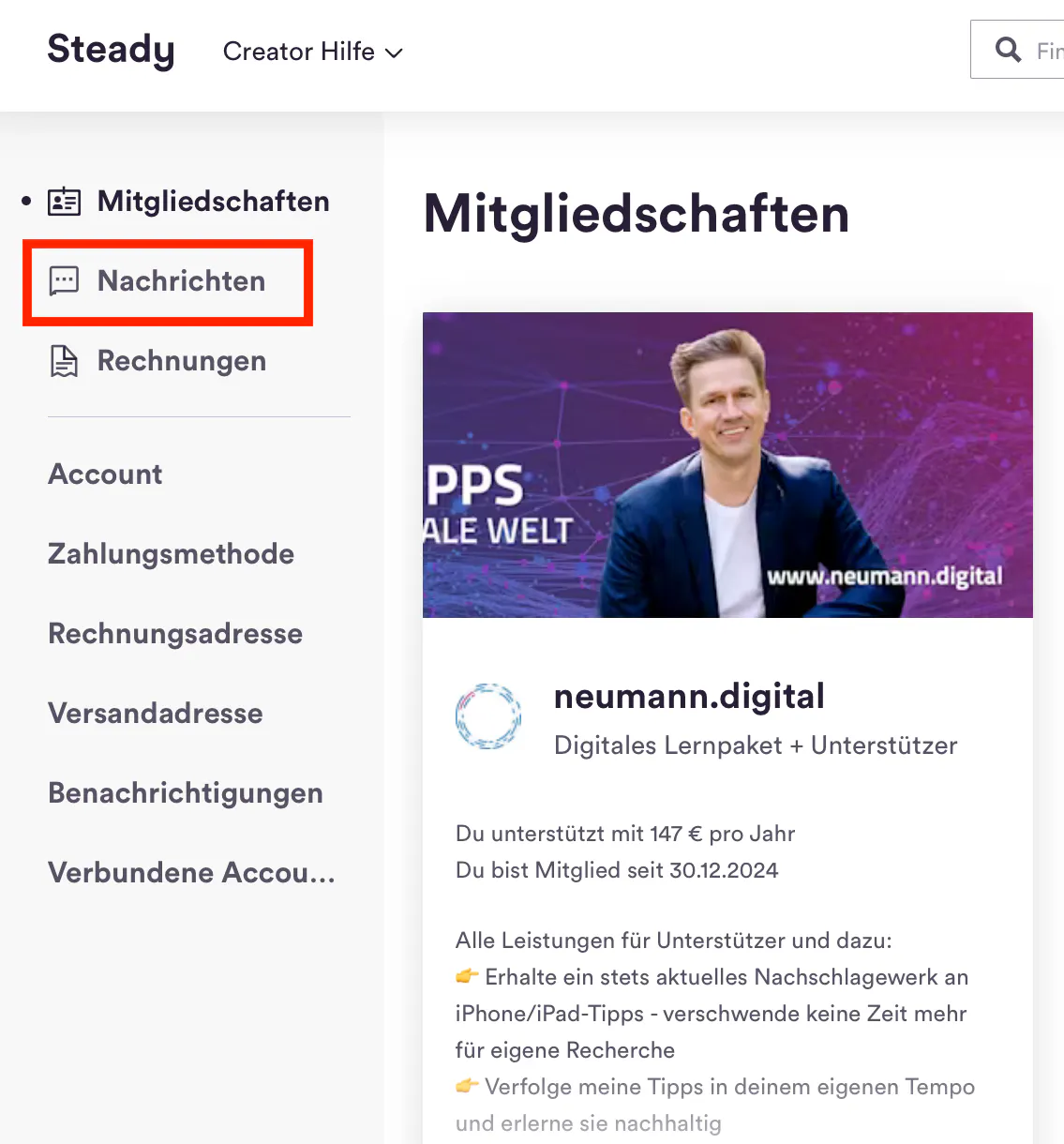 Die Direktnachrichten-Funktion auf Steady
