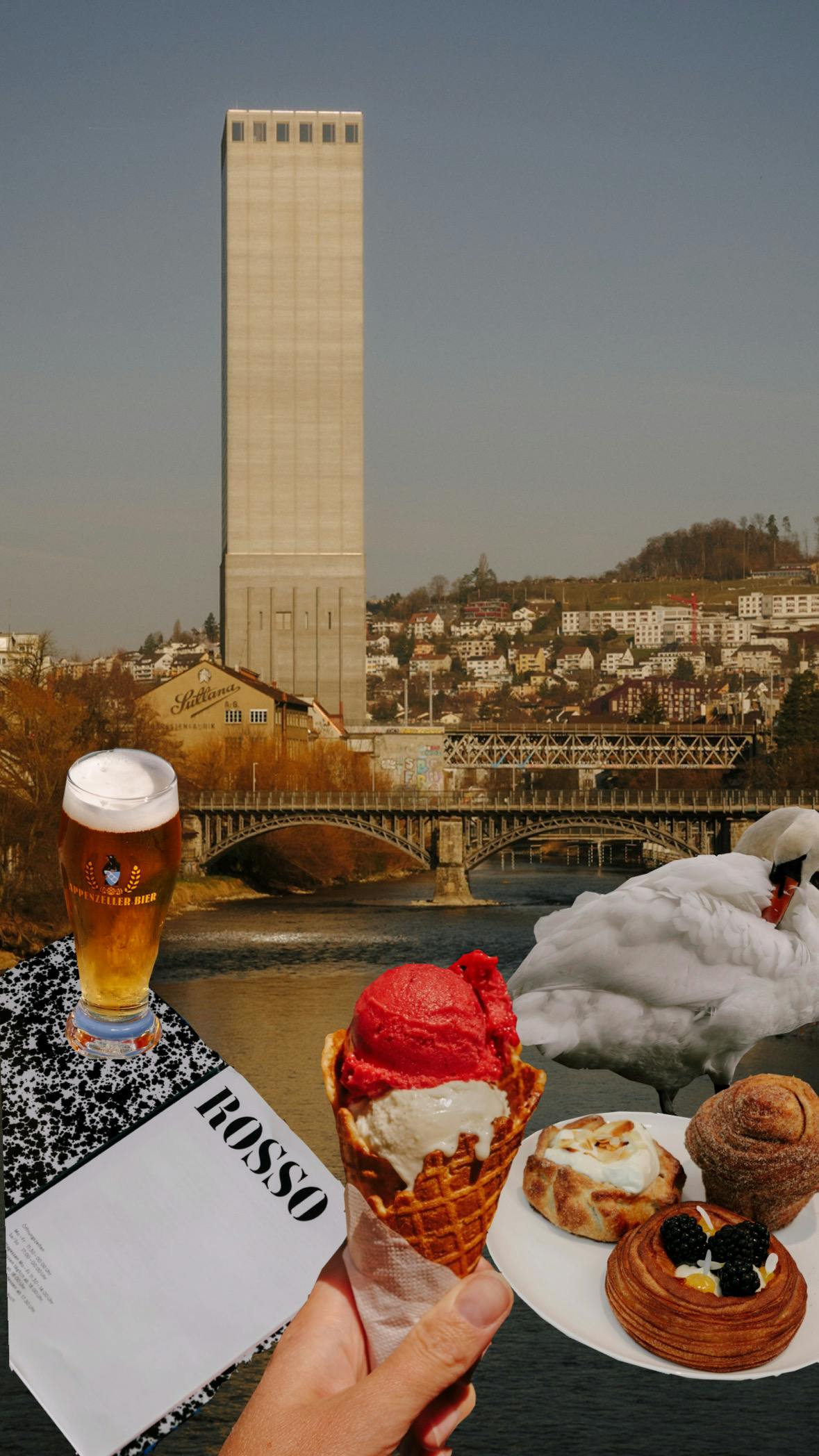 Collage mit Zürcher Wahrzeichen und Lieblingsorten: Blick auf das Kornsilo mit Brücke und Stadt im Hintergrund, davor ein Glas Bier, eine Glacé, ein Rosso-Menü, Gebäck auf einem Teller und ein Schwan am Fluss.