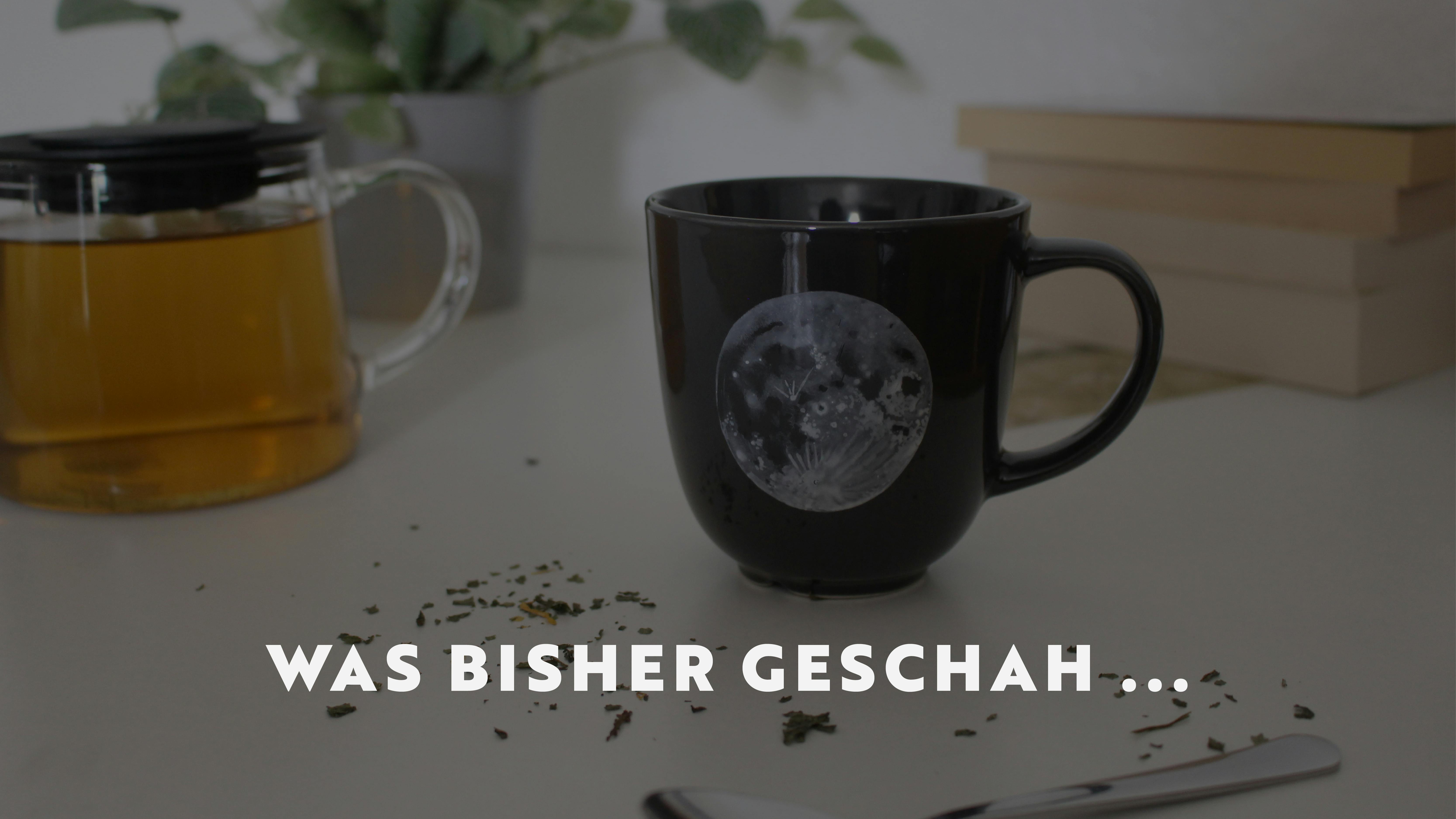 Teetasse und Teekanne vor einer Pflanze und einem Stapel Bücher. Außerdem der Titel des Beitrags: Was bisher geschah ...