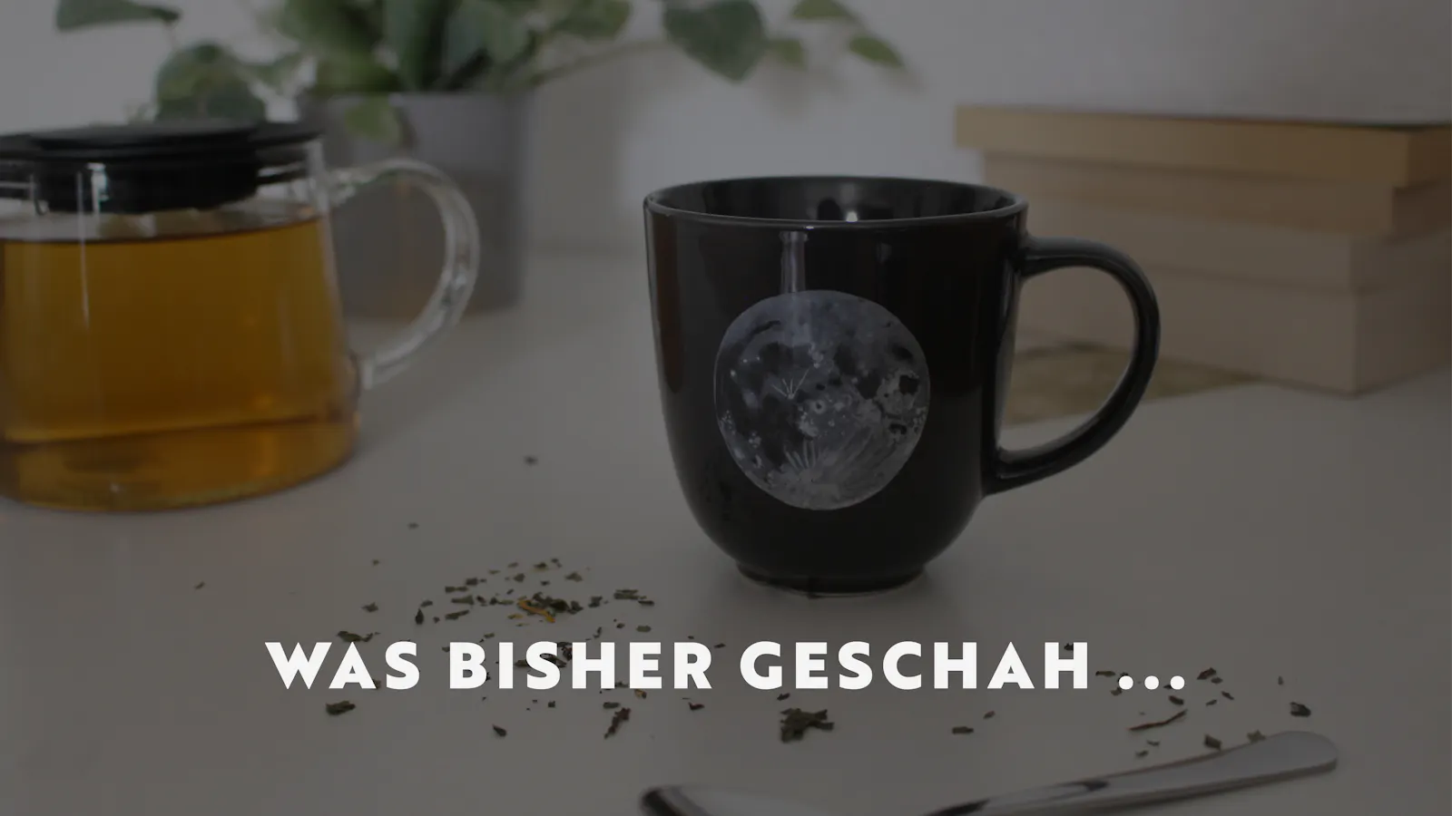 Teetasse und Teekanne vor einer Pflanze und einem Stapel Bücher. Außerdem der Titel des Beitrags: Was bisher geschah ...