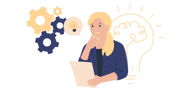 Illustration einer denkenden Frau, mit Glühbirnen und Zahnrädern als ergänzende Elemente - Symbol für die Entstehung von Ideen