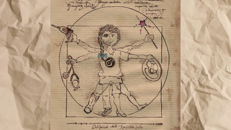 Detail der Postkarte 'Leonardo' von klische*esc e.V., Illustration in Anlehnung an Leonardo Da Vincis Zeichung des 'vitruvianischen Menschen'.