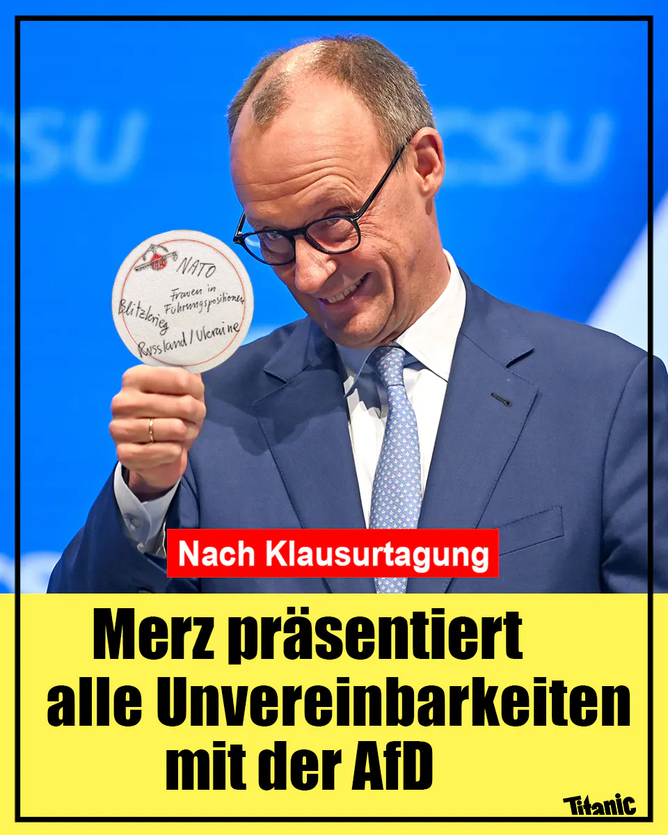 Merz hält einen Bierdeckel hoch auf dem mehrere kleine Wörteer geschrieben sind.
Text: Merz präsentiert alle Unvereinbarkeiten mit der AfD.