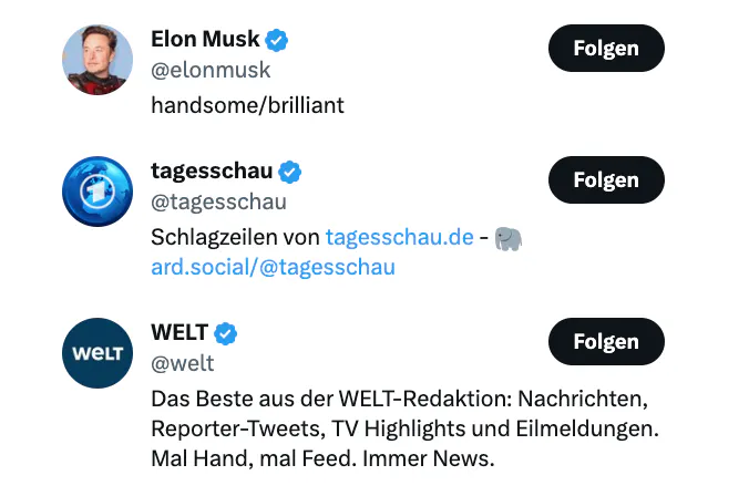 Screenshot mit Twitter-Folgeempfehlungen, die 1. Elon Musk, die 2. die Tagesschau, die 3. WELT.