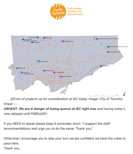An emergency email from Cycle Toronto to their supporters