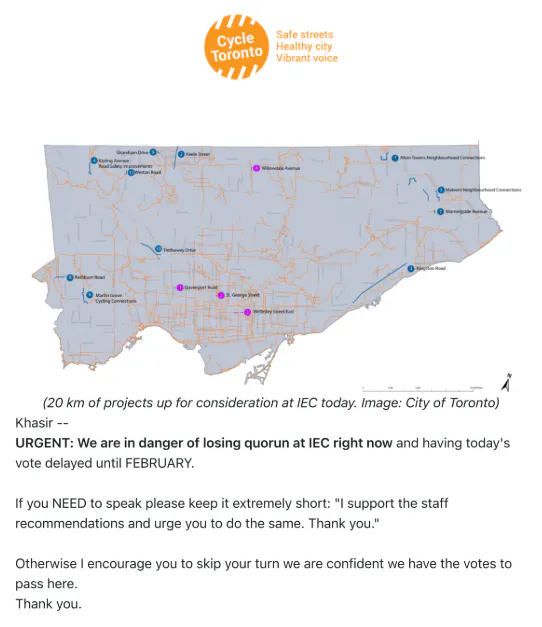 An emergency email from Cycle Toronto to their supporters