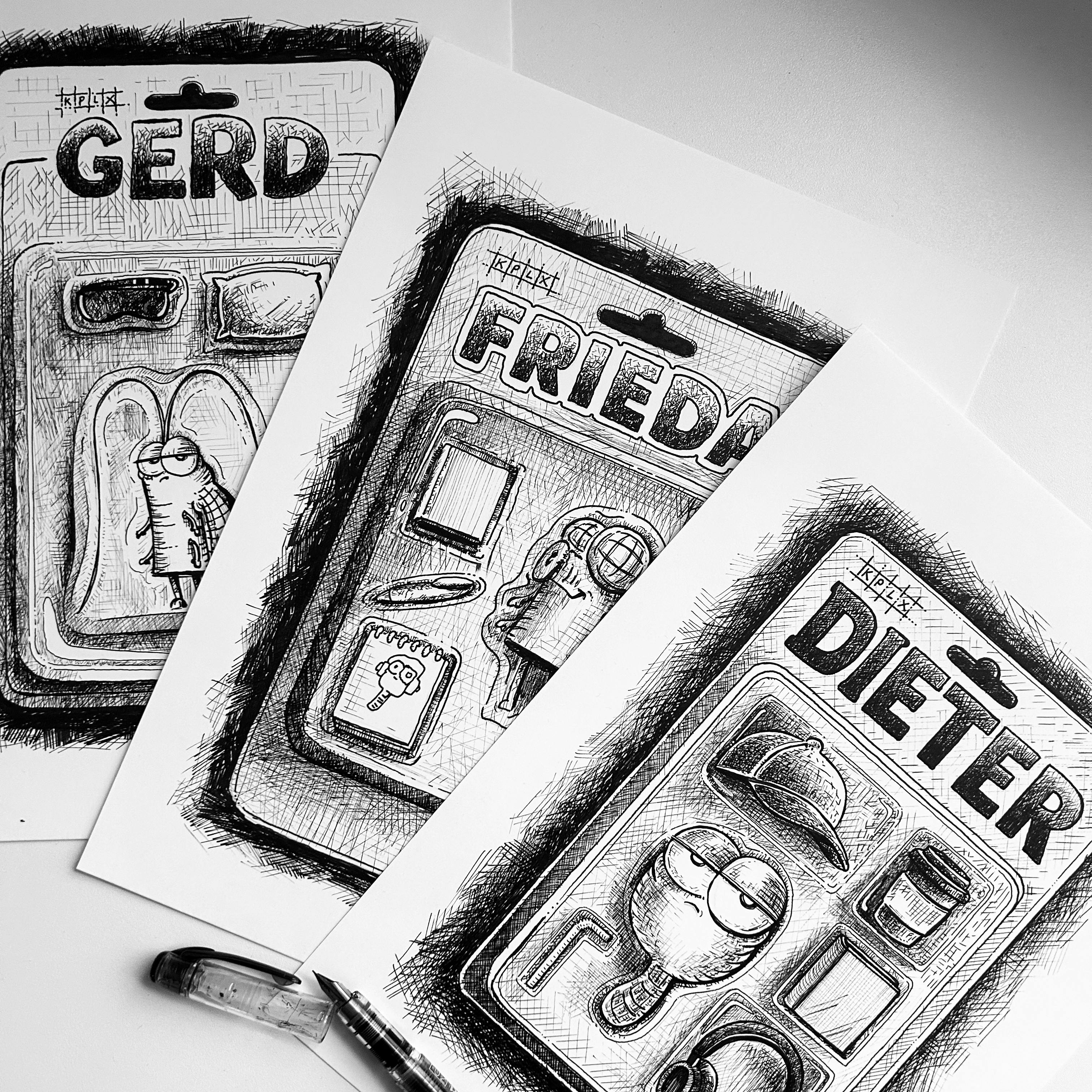ALT Text: Tuschezeichnung, Dieter, Frieda und Gerd als Action-Figuren