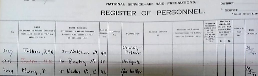 JRR Tolkien's enrolment entry in the Air Raid Precautions (civil defence) service. The Register of Personnel reads "3027. Tolkien, J.R.R. 20 Northmoor Road. 49. University Professor. 19/9/41."