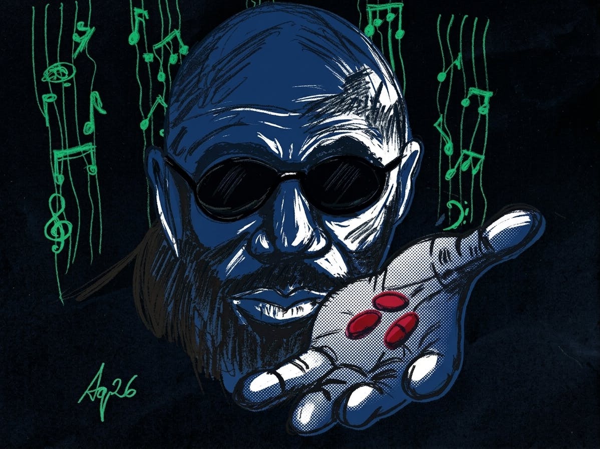 Illustrazione stile zine: Morpheus in blu con occhiali scuri offre tre pillole rosse. Sfondo nero con note musicali verdi che fluttuano.