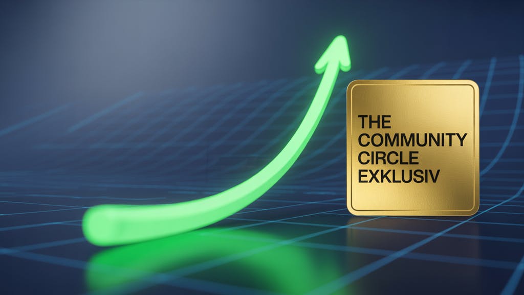 Dunkelblaue Grafik mit steigender Wachstumskurve für SEO und Traffic-Generierung im Affiliate Marketing. Exklusiver Inhalt aus dem The Community Circle.