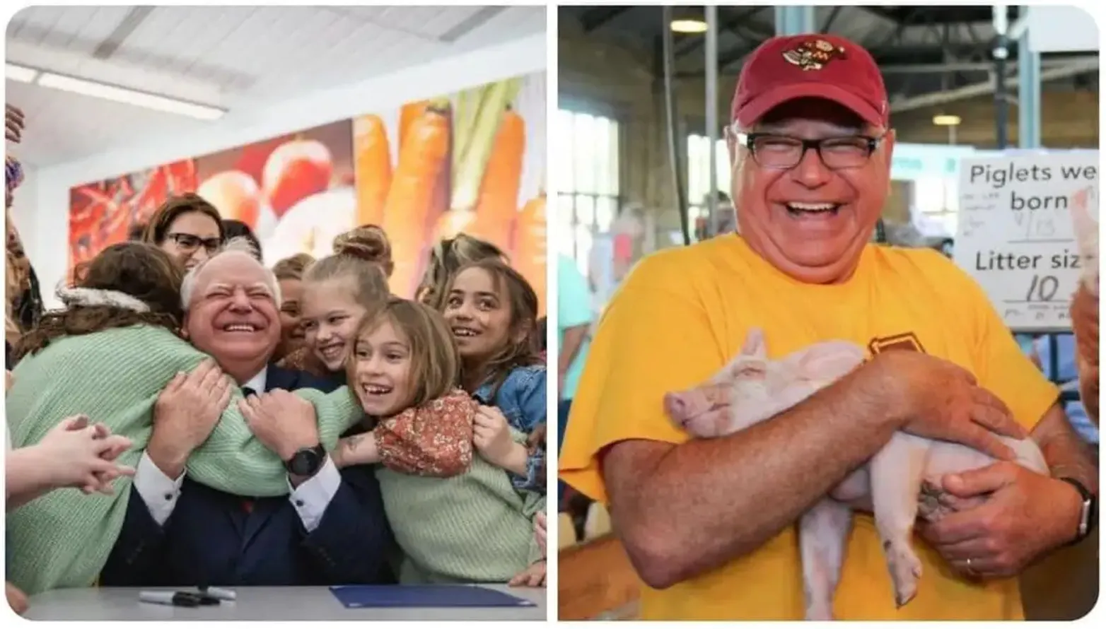 Zwei Bilder von Tim Walz. Auf dem linken sitzt er lachend inmitten von Kindern, die ihn umringen. Auf dem anderen hält er mit rotem Cap, gelben T-Shirt und breitem Lachen ein Ferkel in der Hand.