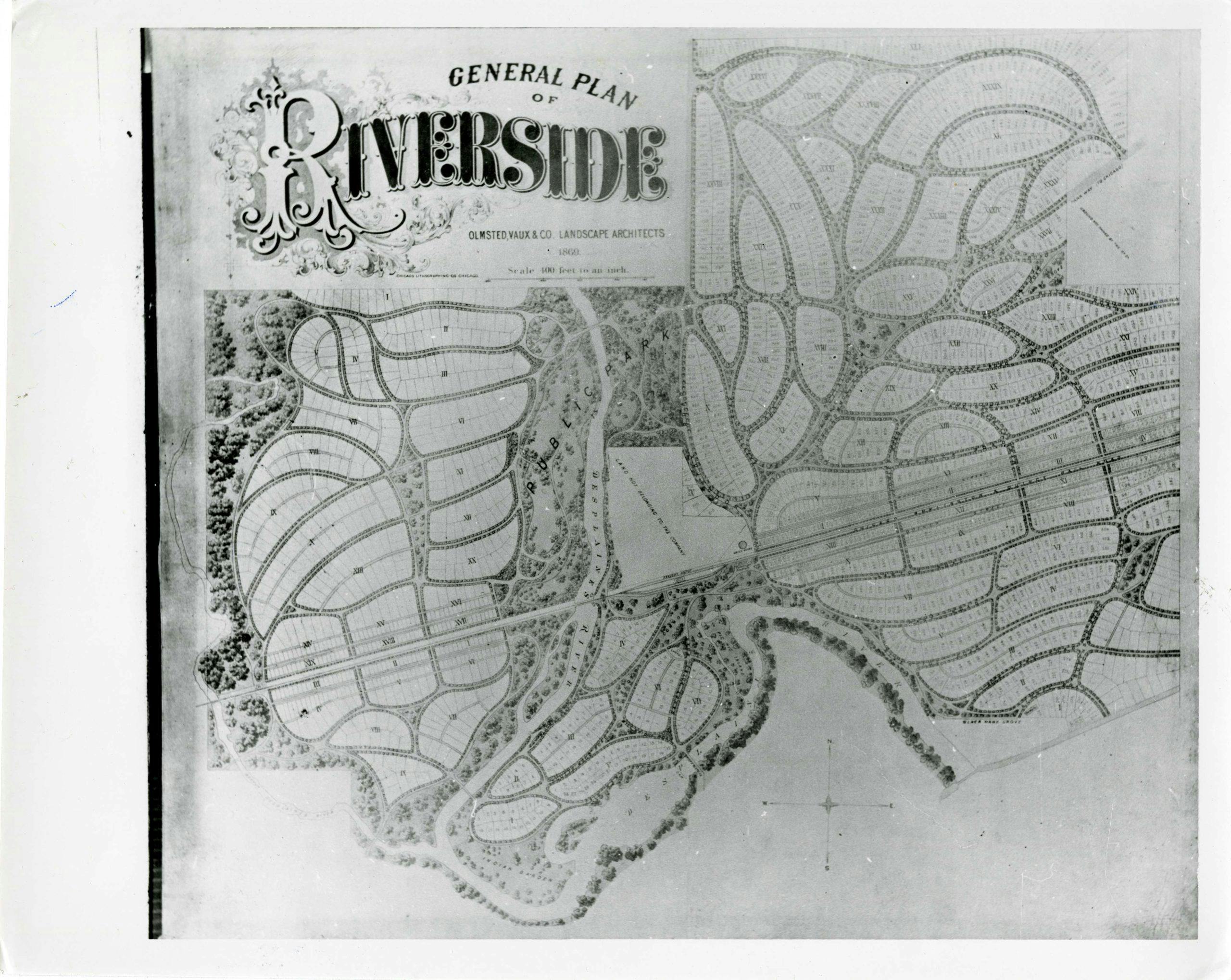 Il piano del garden suburb Riverside nei pressi di Chicago di Frederick Law Olmsted e Calvert Vaux.