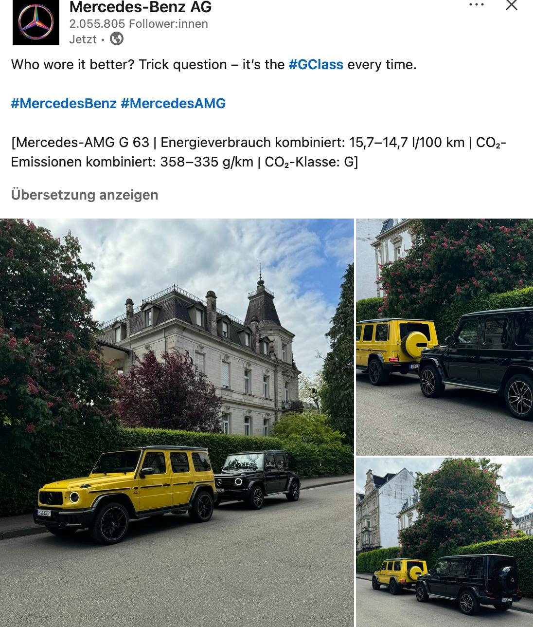 Werbeanzeige von Mercedes auf Linkedin. Gezeigt werden zwei Geländewagen, die CO2-Klasse G und damit die schlechtestes Klasse haben.