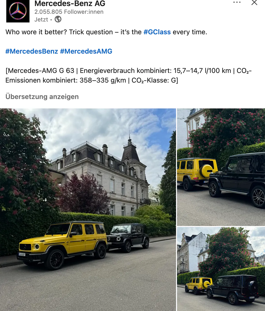 Werbeanzeige von Mercedes auf Linkedin. Gezeigt werden zwei Geländewagen, die CO2-Klasse G und damit die schlechtestes Klasse haben.