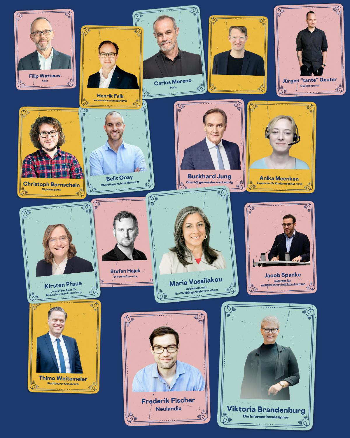 Collage der bisher veröffentlichten Interviews der She Drives Mobility Academy. Die Personen sind wie Spielkarten dargestellt, in drei verschiedenen Farben, mit ihren Namen und Titeln.