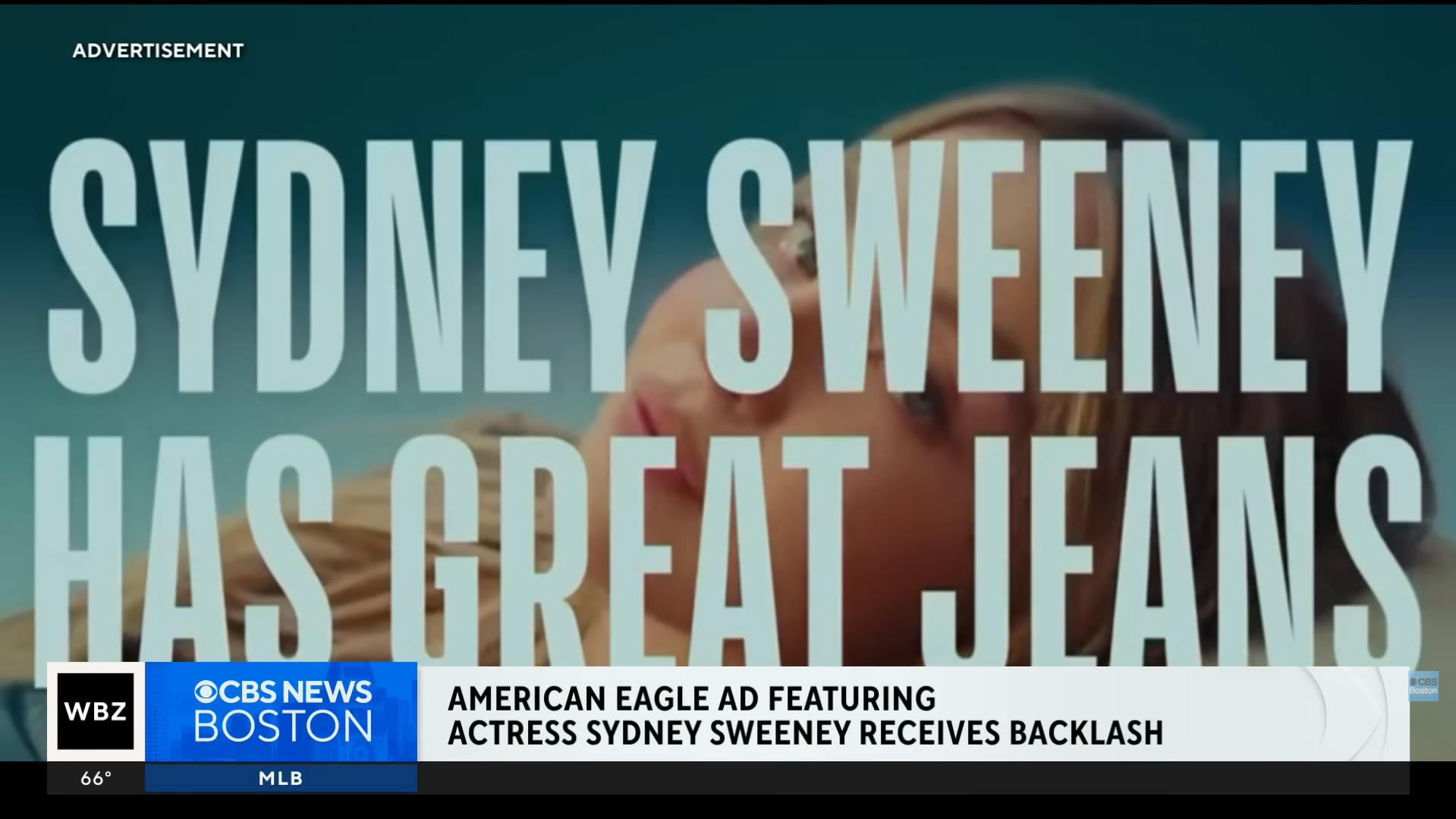 Screenshot von CBS News: Sydney Sweeney has great jeans in großen Buchstaben vor dem Gesicht der Schauspielerin