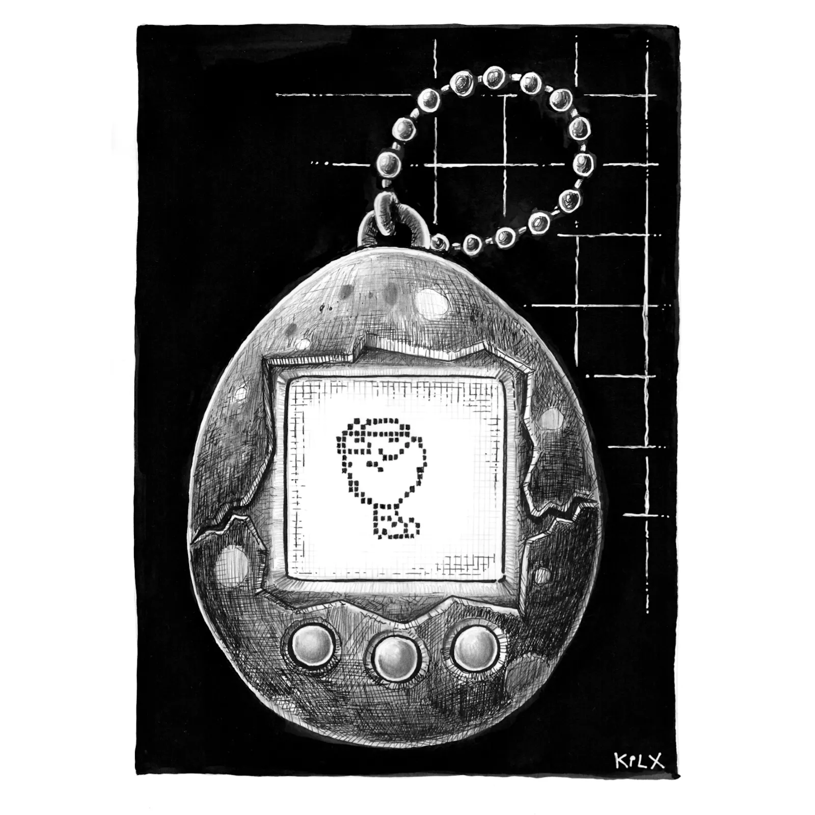 Schwarz-weiße Tuschezeichnung eines Tamagotchi-Eis als Schlüsselanhänger. Auf dem Display ist ein pixeliger Dieter Wurm zu sehen.