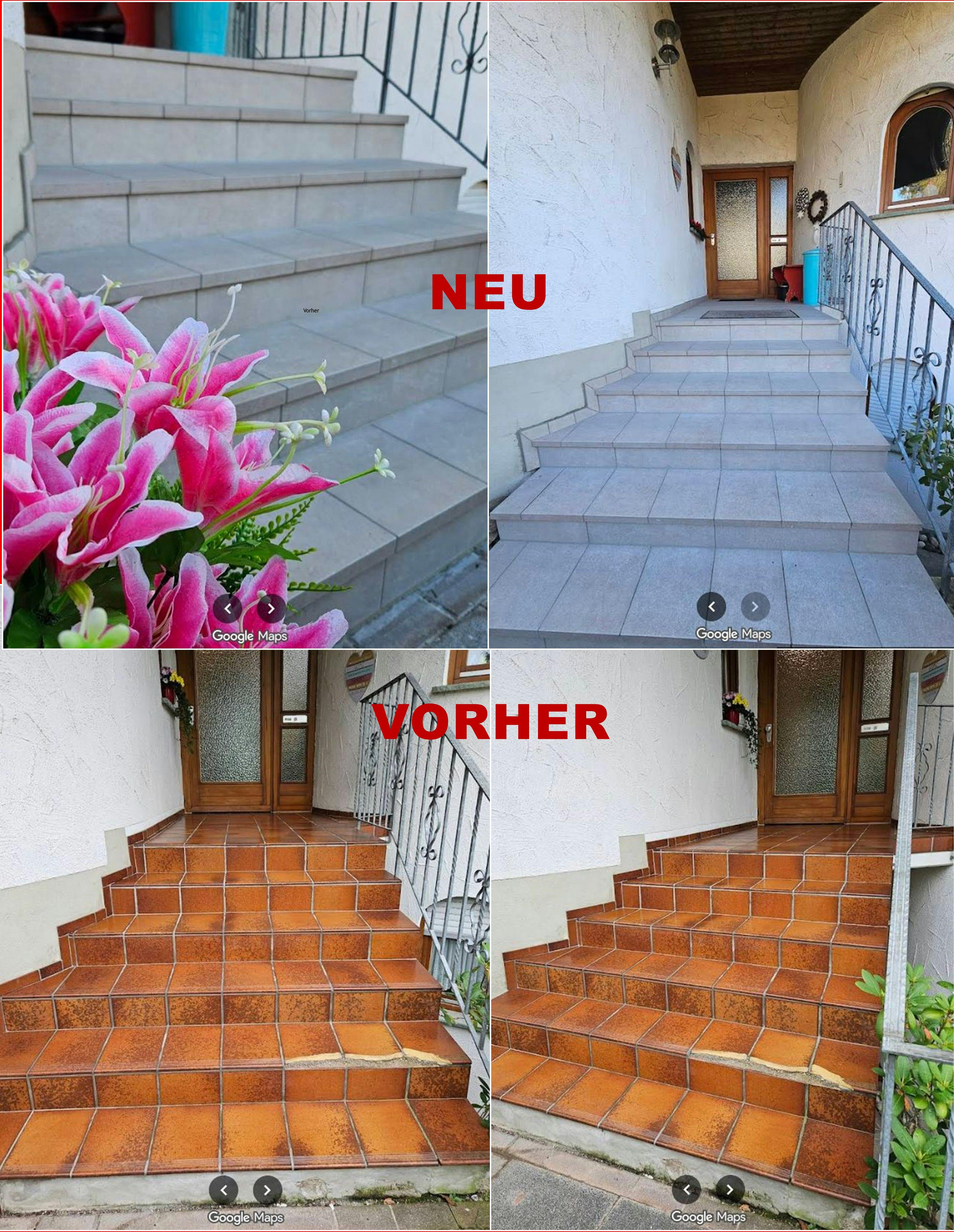 Foto-Collage Zustand Außentreppe NEU sowie Zustand Treppe VORHER; Grafik ist verlinkt zur original Google-Rezension
