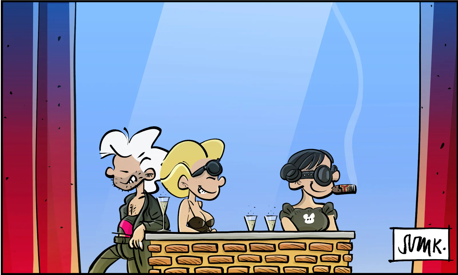 Alle drei grinsen.