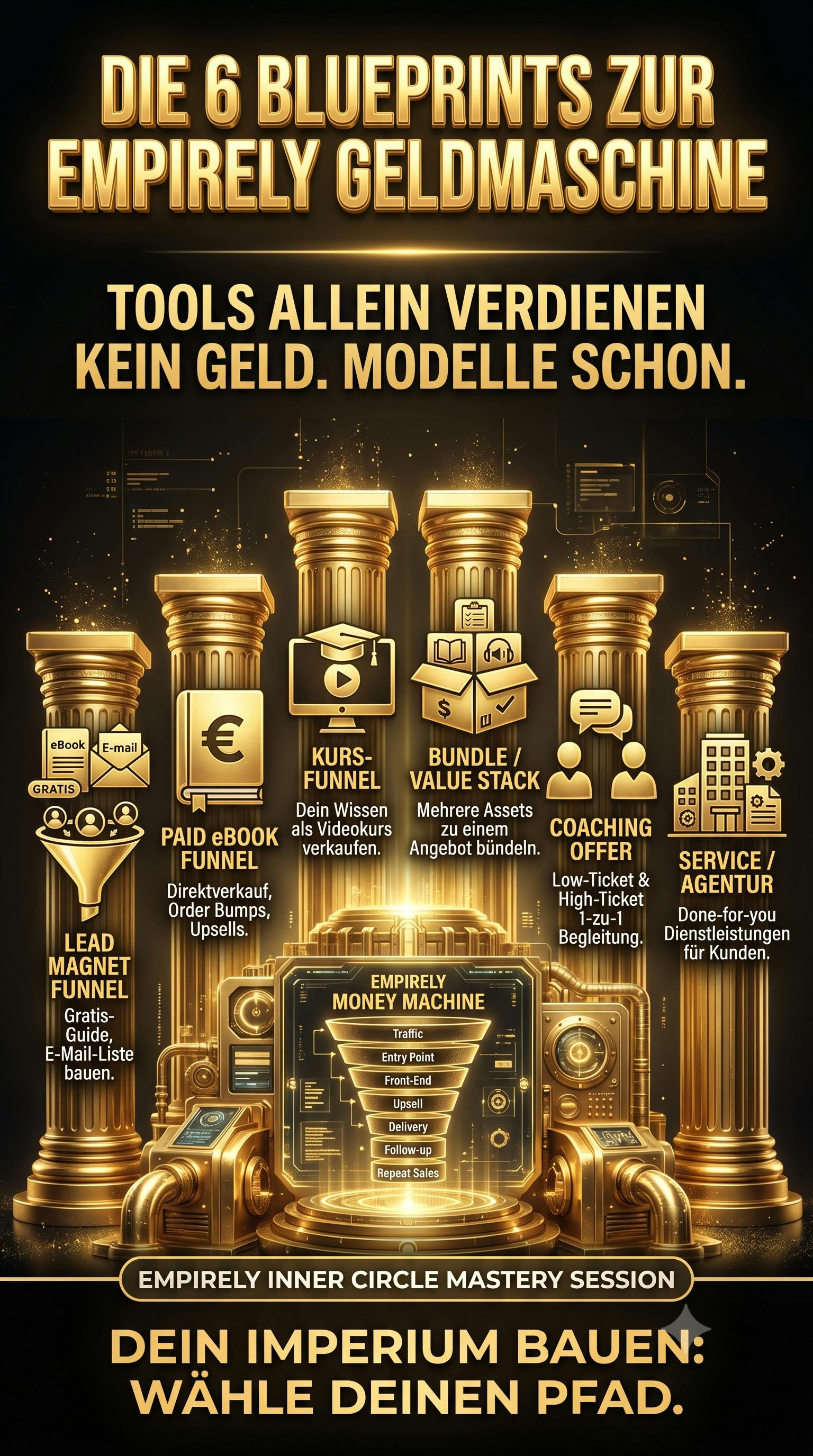 Plakative Infografik im edlen Schwarz-Gold-Design mit der Hauptüberschrift „Die 6 Blueprints zur Empirely Geldmaschine“ und dem Slogan „Tools allein verdienen kein Geld. Modelle schon.“ Auf sechs goldenen, antiken Säulen werden die verschiedenen Online-Business-Modelle (Lead Magnet Funnel, Paid eBook Funnel, Kurs-Funnel, Bundle / Value Stack, Coaching Offer und Service / Agentur) mit passenden Icons und Kurzbeschreibungen dargestellt. Im Zentrum am Boden befindet sich eine futuristische, leuchtende Schaltzentrale mit der Aufschrift „Empirely Money Machine“, die die einzelnen Funnel-Stufen von Traffic bis Repeat Sales zeigt. Der untere Banner lautet: „Dein Imperium bauen: Wähle deinen Pfad.