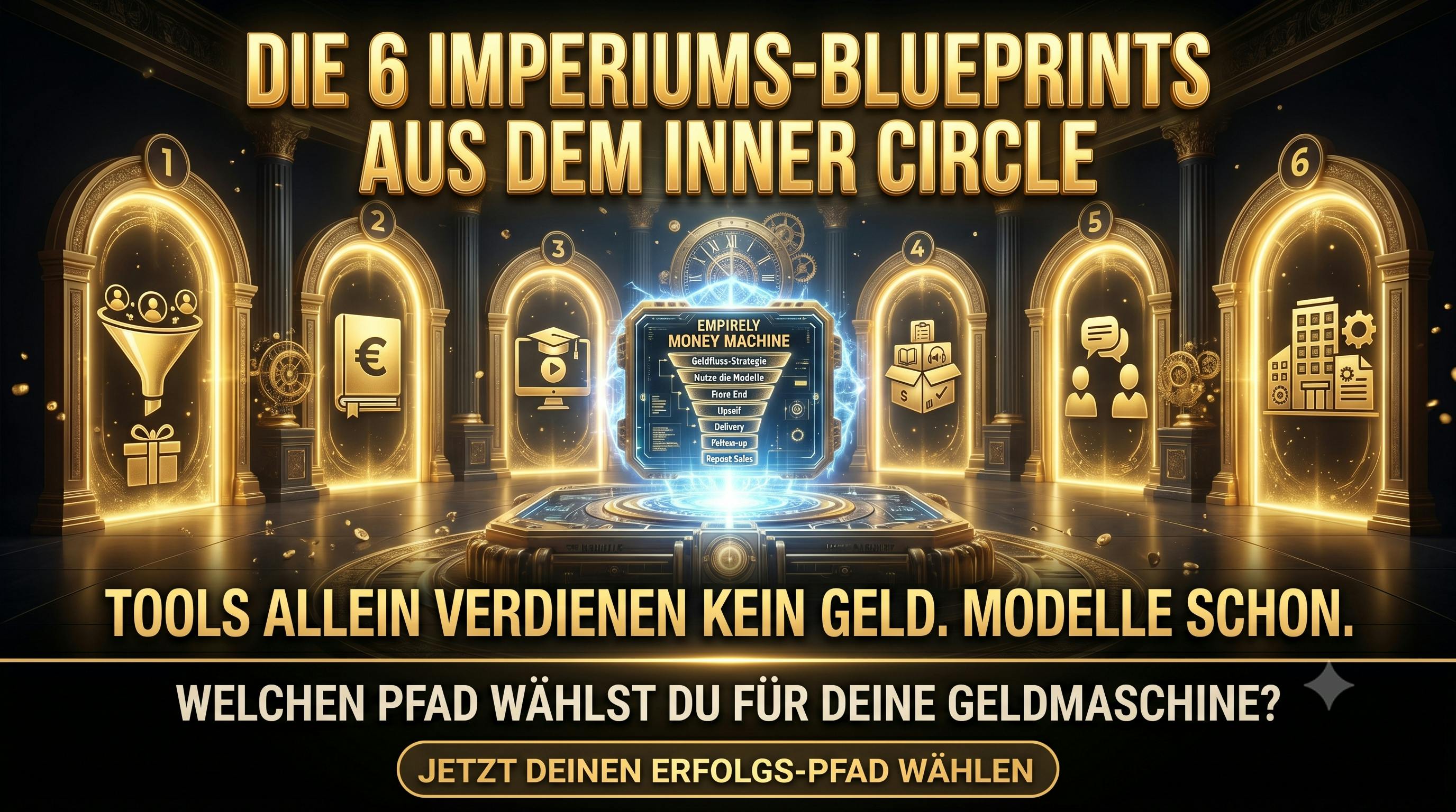 Professionelles Teaserbild im 16:9-Format für den Blog „Empirely Inner Circle“. In einer edlen, dunkel gestalteten Halle befinden sich sechs hell leuchtende, goldene Torbögen, die von 1 bis 6 durchnummeriert sind. Jeder Bogen zeigt ein grafisches Symbol für eines der Business-Modelle (wie Lead Magnet, eBook, Videokurs, Bundle, Coaching und Agentur). In der Mitte steht eine futuristische, blau illuminierte Plattform mit der Aufschrift „Empirely Money Machine“. Die goldenen Text-Overlays lauten: „Die 6 Imperiums-Blueprints aus dem Inner Circle“, „Tools allein verdienen kein Geld. Modelle schon.“ sowie die Frage „Welchen Pfad wählst du für deine Geldmaschine?“ mit einem Button „Jetzt deinen Erfolgs-Pfad wählen“.